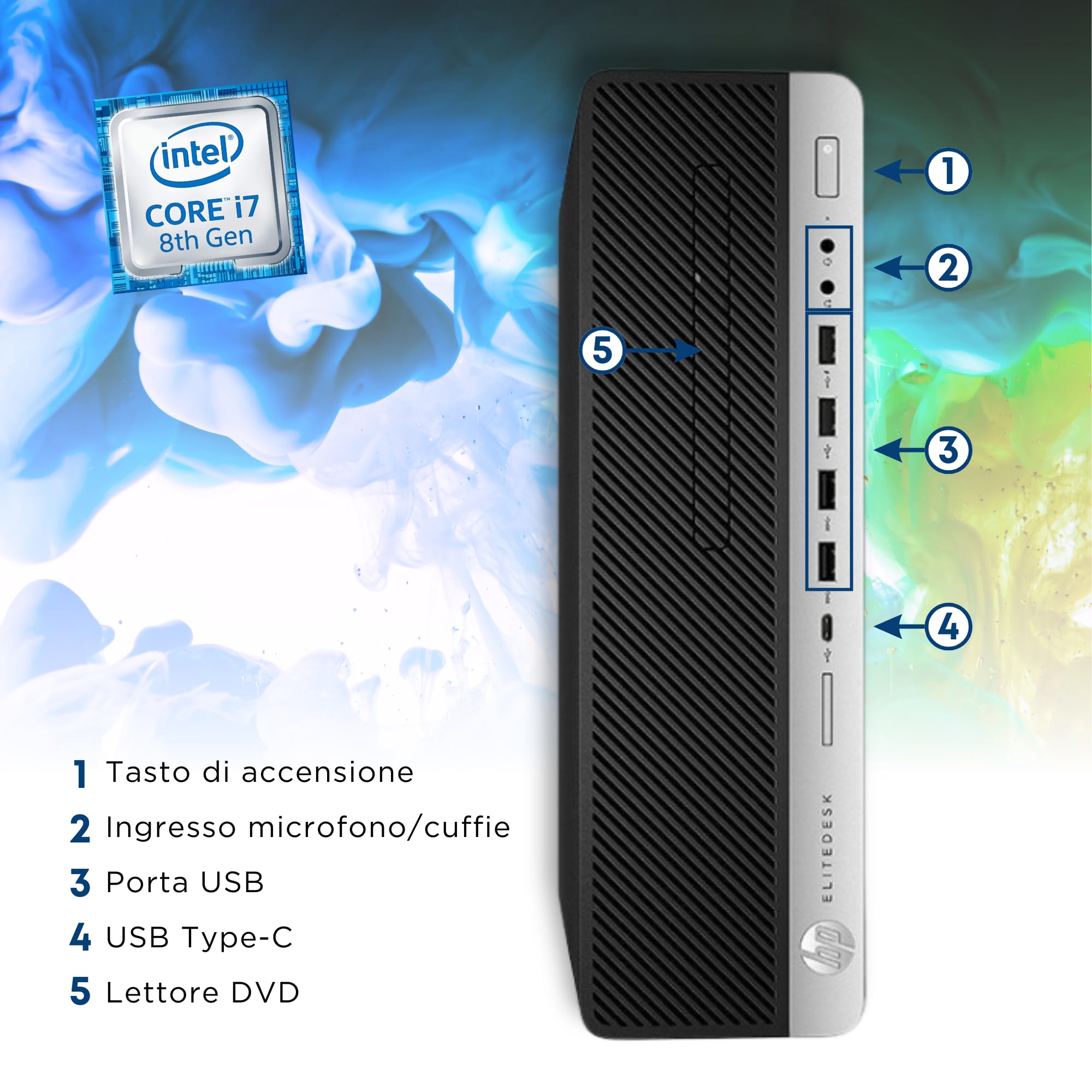 HP, Pc Desktop SFF Pronto All'Uso, Computer Pc Fisso Intel i7-8700
